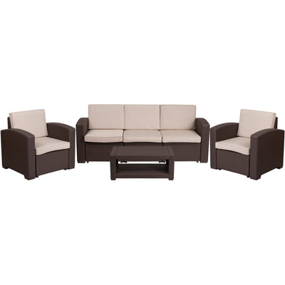 Seneca 4 Piece Outdoor Faux Rattan Chair, Sofa and Table Set - View 1