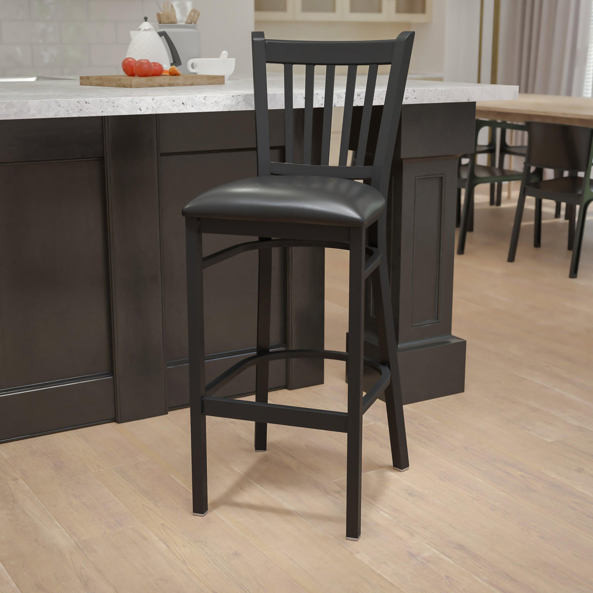 Black Vinyl Seat/Black Metal Frame |#| Black Vertical Back Metal Restaurant Barstool - Black Vinyl Seat