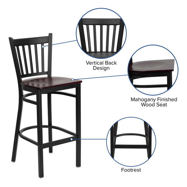 Mahogany Wood Seat/Black Metal Frame |#| Black Vertical Back Metal Restaurant Barstool - Mahogany Wood Seat