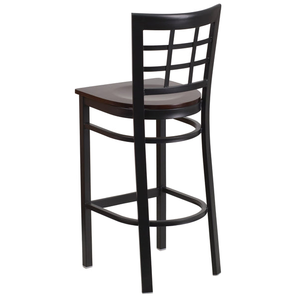 Walnut Wood Seat/Black Metal Frame |#| Black Window Back Metal Restaurant Barstool - Walnut Wood Seat