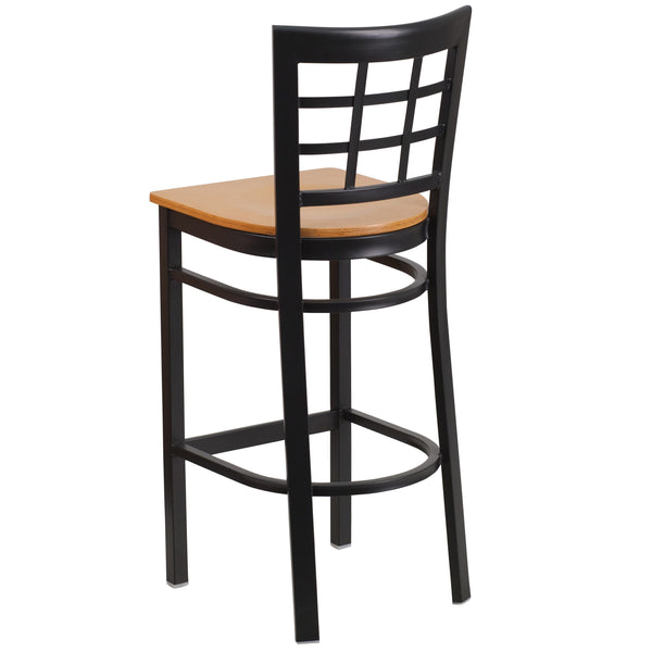 Natural Wood Seat/Black Metal Frame |#| Black Window Back Metal Restaurant Barstool - Natural Wood Seat