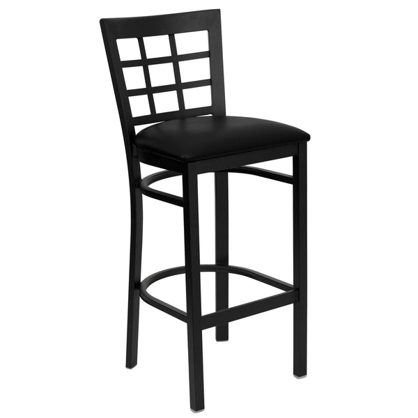 Black Vinyl Seat/Black Metal Frame |#| Black Window Back Metal Restaurant Barstool - Black Vinyl Seat