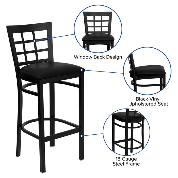 Black Vinyl Seat/Black Metal Frame |#| Black Window Back Metal Restaurant Barstool - Black Vinyl Seat